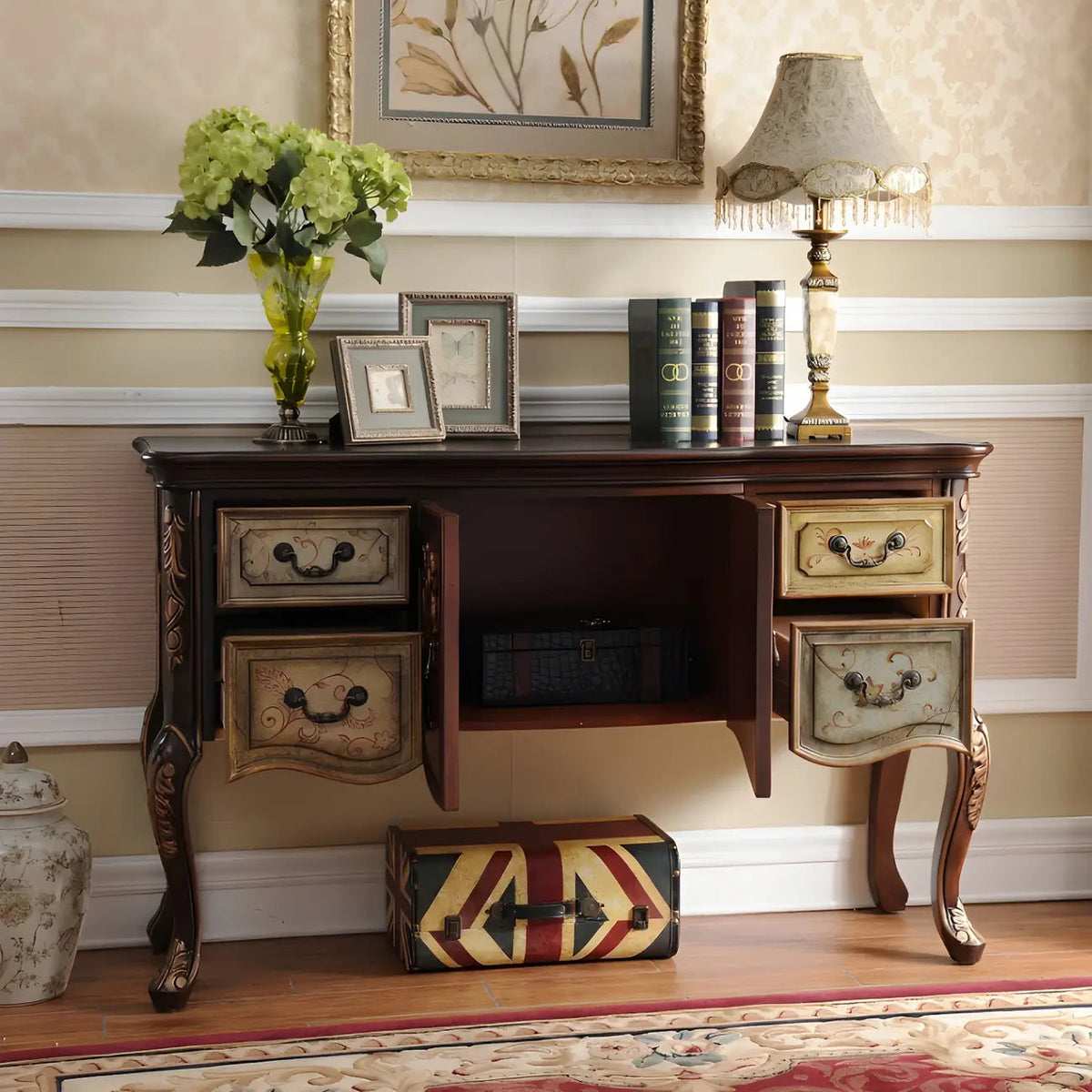French Coffee Wood Storage Console Table with Drawers