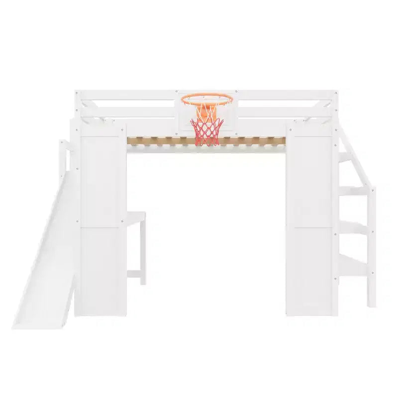 Luxystar Full Wooden Loft bed with Desk, Slide, Basketball hoop and Storage Staircase for Kids and Teens
