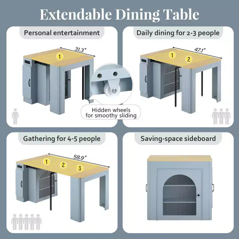 Whisen Extendable Dining Table, Mobile Rolling Island Table with 3 Removable Middle Leaves, Storage Cabinet