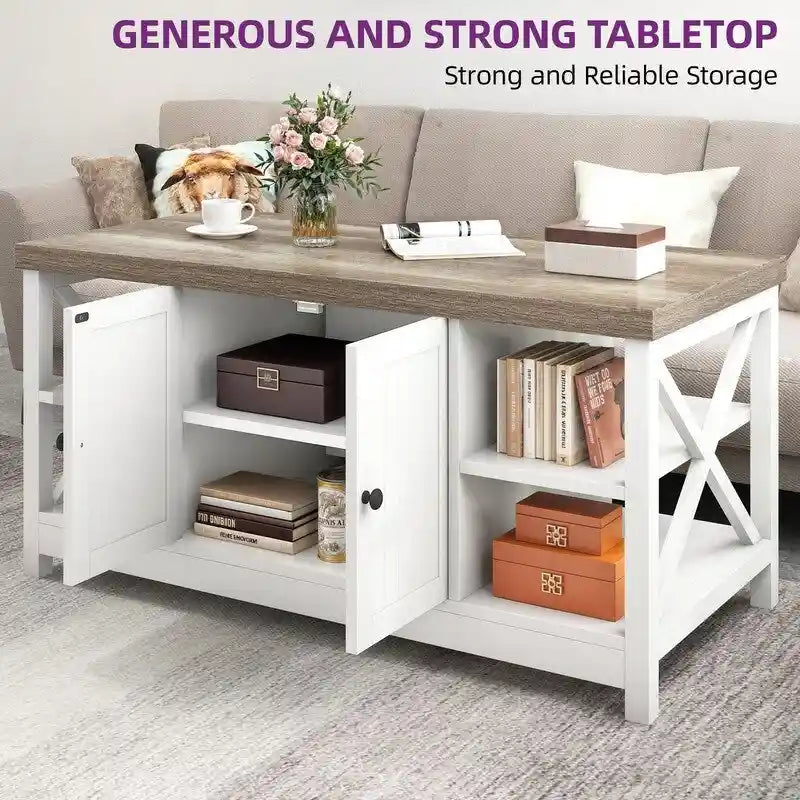 Farmhouse Wood Accent Coffee Table with Large Storage Shelf