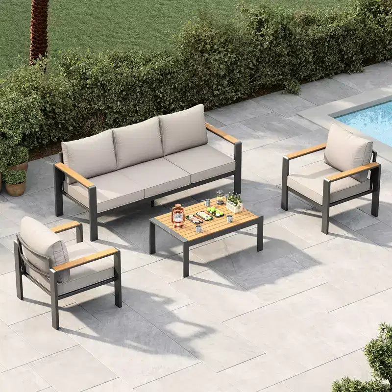 Aluminum Patio Furniture Set, Outdoor Sectional Sofa with 5 Thick Cushions, 4 Armrests & Coffee Table for Garden, Deck, Backyard