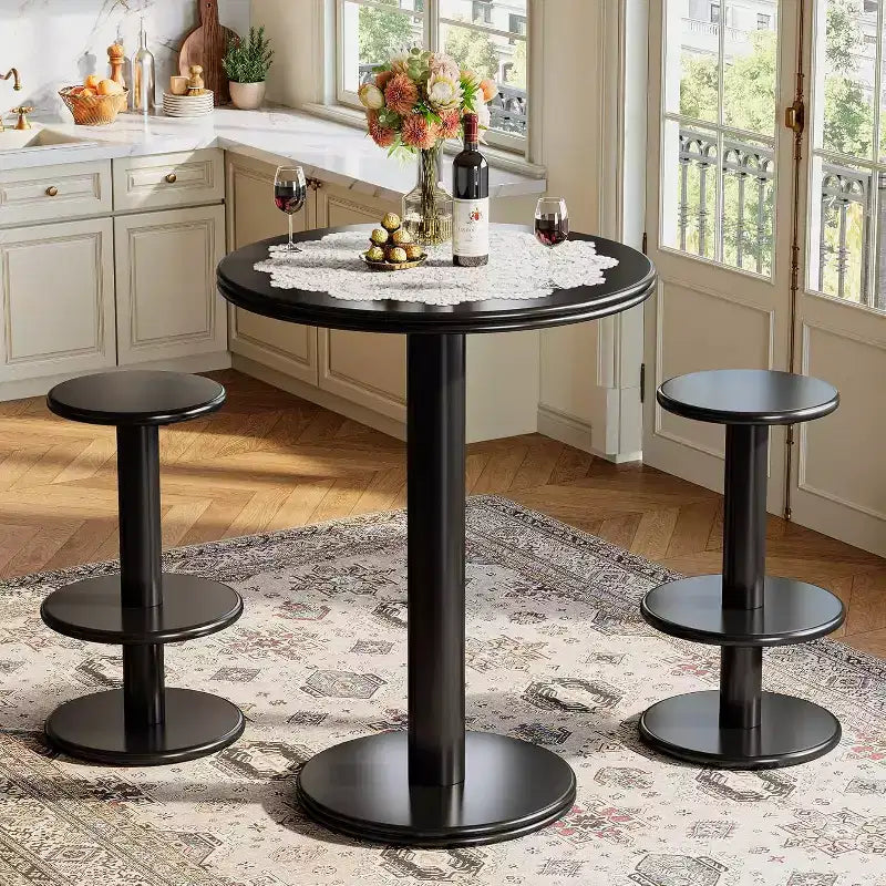 Ensemble table de bar ronde Lantine de 99,06 cm de haut, table de bistrot moderne noire avec 2 tabourets de bar pour cuisine, salon, appartement