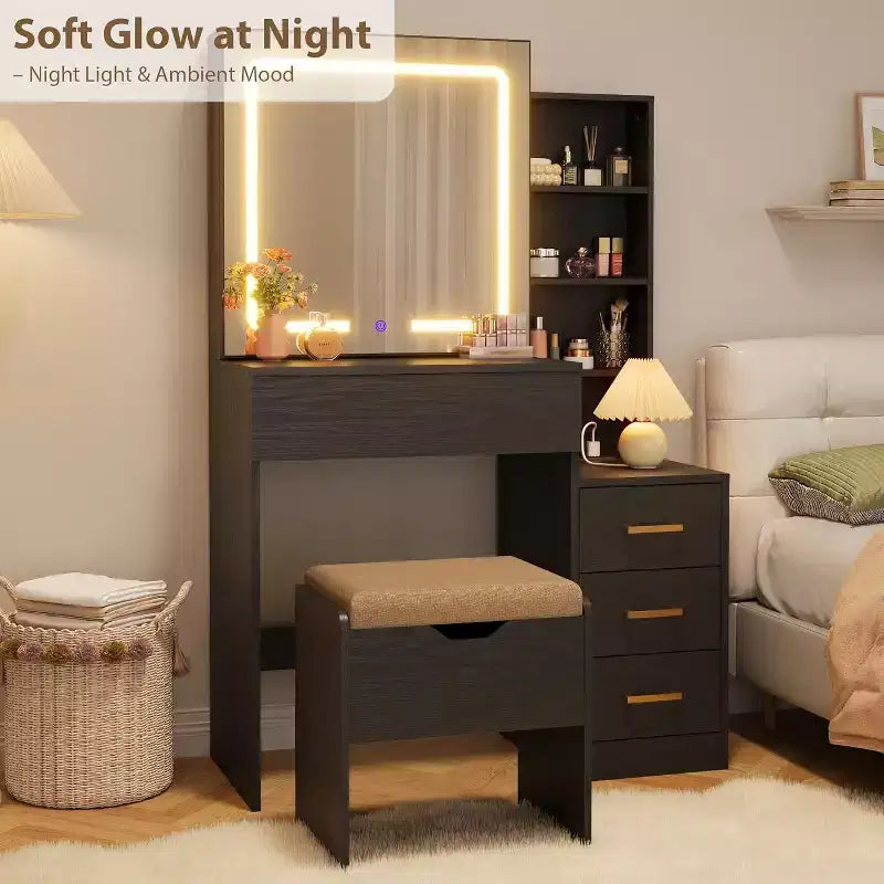 DobleePy Modern Vanity Desk with Sliding Mirror & LED Lights, 4 Drawers, 7 Shelves, Charging Station & Stool, Makeup Dressing Table for Bedroom