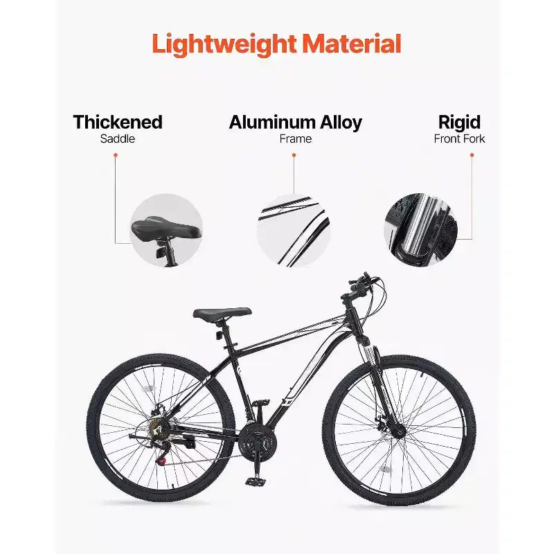 29 Inch Mountain Bike with Front Suspension, 21-Speed Aluminum Frame with Dual Disc Brakes