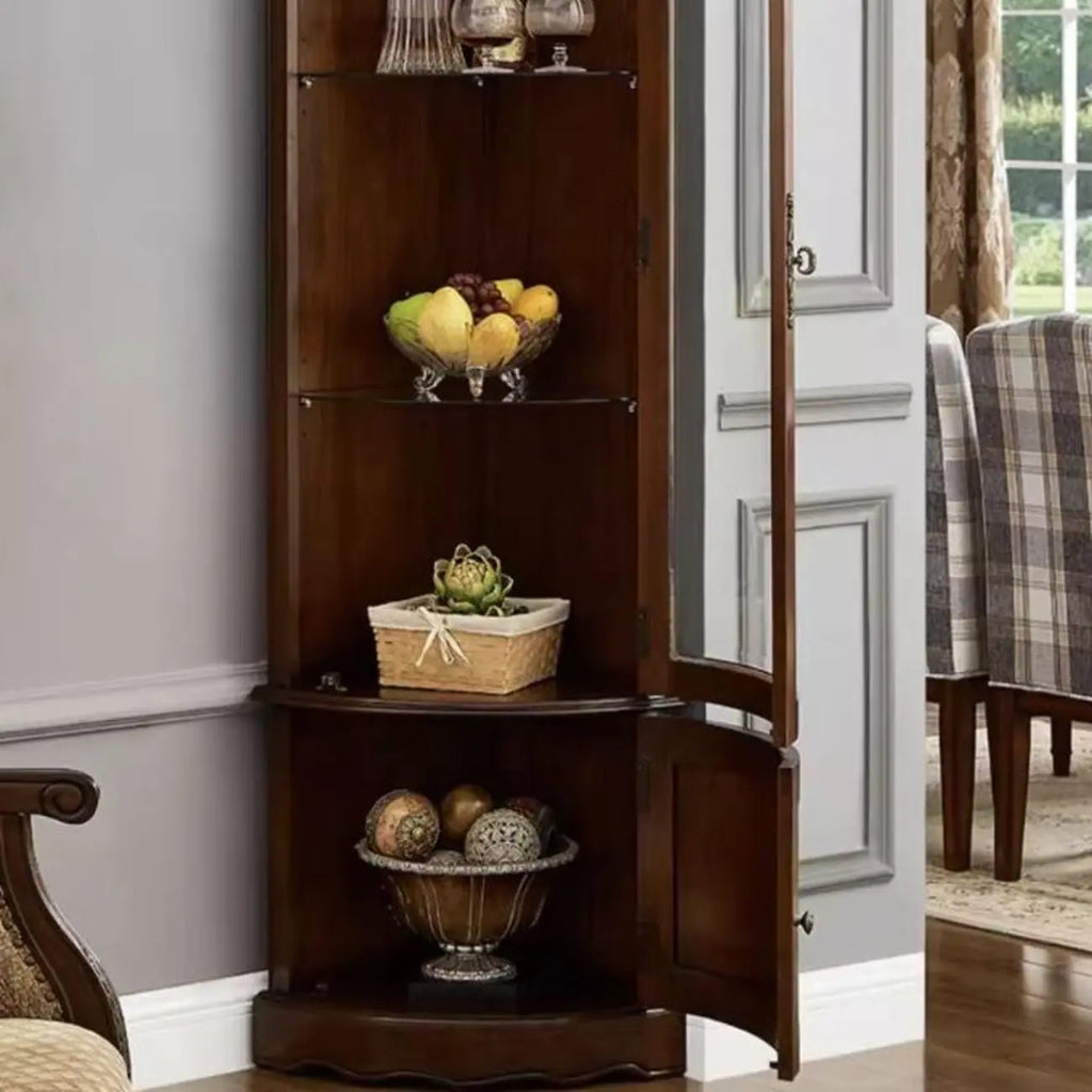 Classic Brown Rubberwood Corner Cabinet with Glass Door