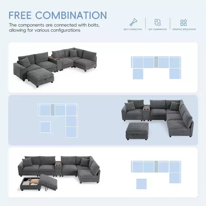 Canapé sectionnel modulaire surdimensionné Clihome 140 avec pouf de rangement mobile, porte-gobelet, siège large, chargeur USB, canapé en velours côtelé en forme de U à 6 places