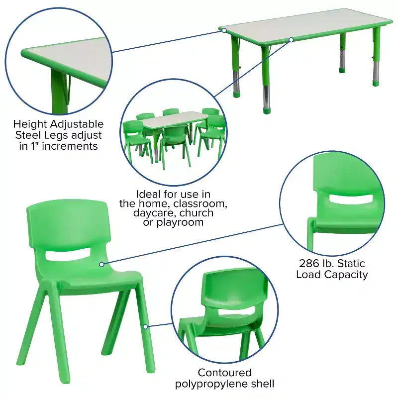 Emma and Oliver 23.625W x 47.25L Rectangular Plastic Height Adjustable Activity Table Set with 6 Chairs