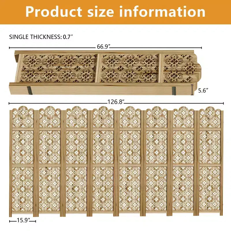 Carved Room Divider Folding Screen Room Divider with Copper Coin Pattern for Home Office Garden Terrace Paulownia Wood