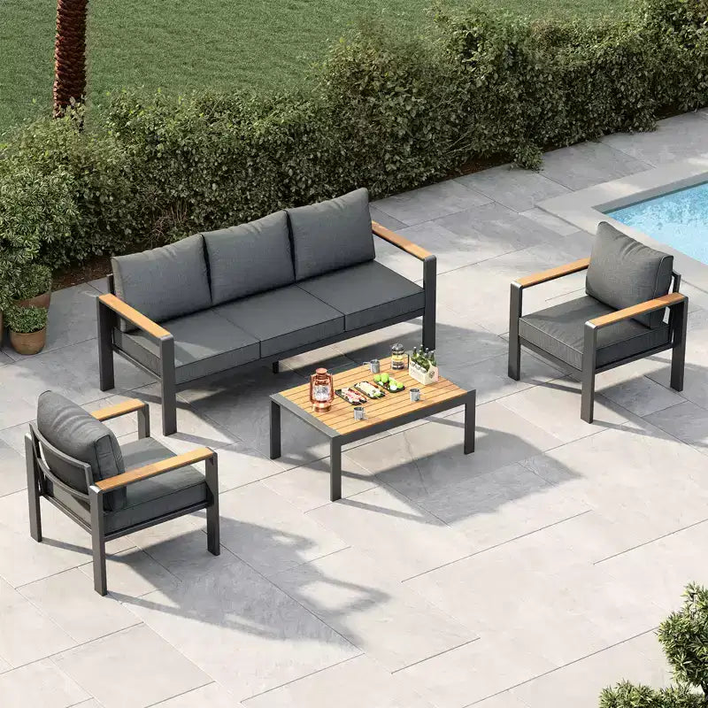 Aluminum Patio Furniture Set, Outdoor Sectional Sofa with 5 Thick Cushions, 4 Armrests & Coffee Table for Garden, Deck, Backyard