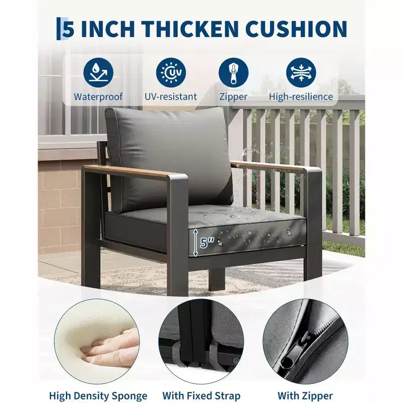 Aluminum Patio Furniture Set, Outdoor Sectional Sofa with 5 Thick Cushions, 4 Armrests & Coffee Table for Garden, Deck, Backyard