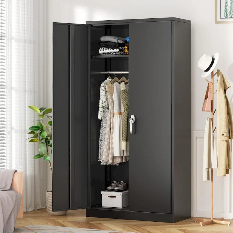 72 Tall Metal Lockable Wardrobe Armoire Storage Cabinet Locker with Hanging Rod for Garage, Gym, Home Office