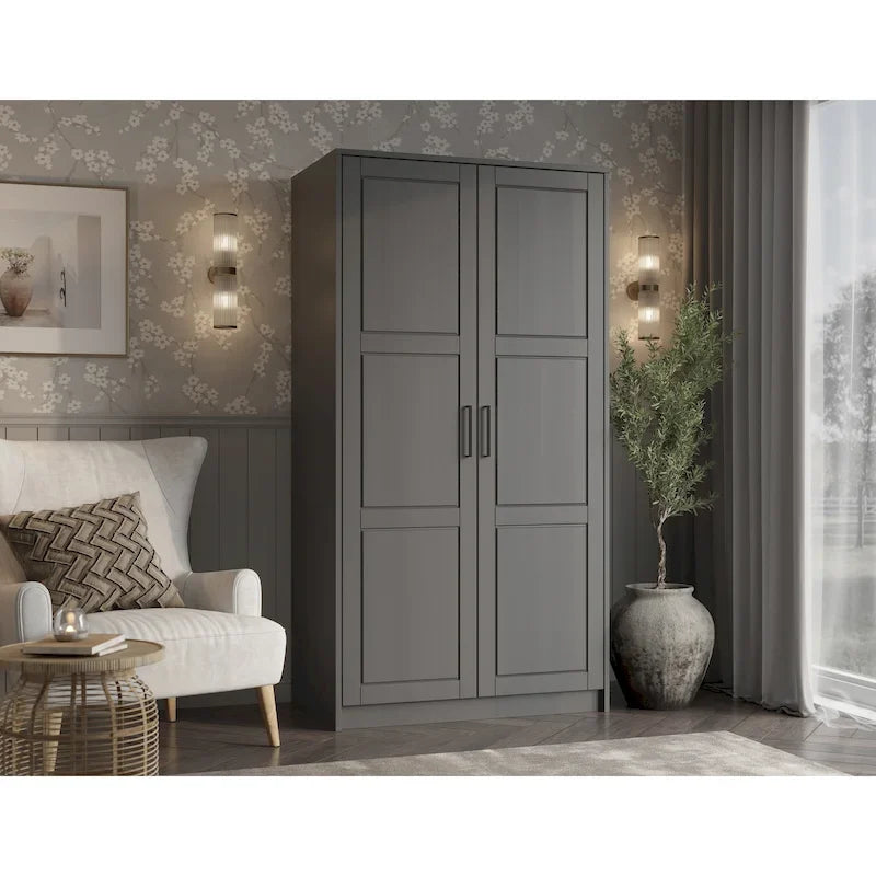 100% Solid Wood 2-Door Urban Wardrobe Armoire with Solid and Mirrored Doors
