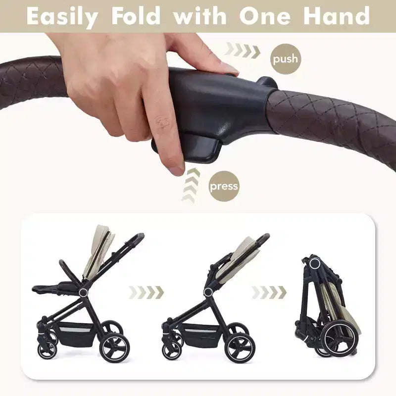 Baby Stroller, Foldable Stroller - High Landscape Pushchair for Newborn & Toddler, Convertible Pram with Reversible Backrest
