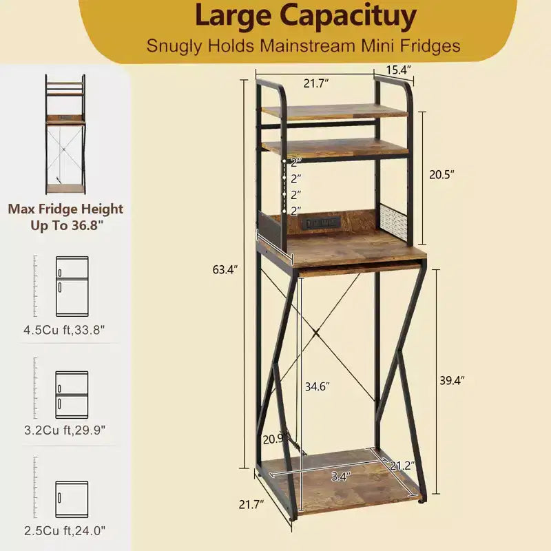 Mini Fridge Stand with Storage Shelf, Free-Standing Wooden Coffee Bar Cabinet with Power Outlet, Utility Microwave Stand, Coffee Bar Organizer