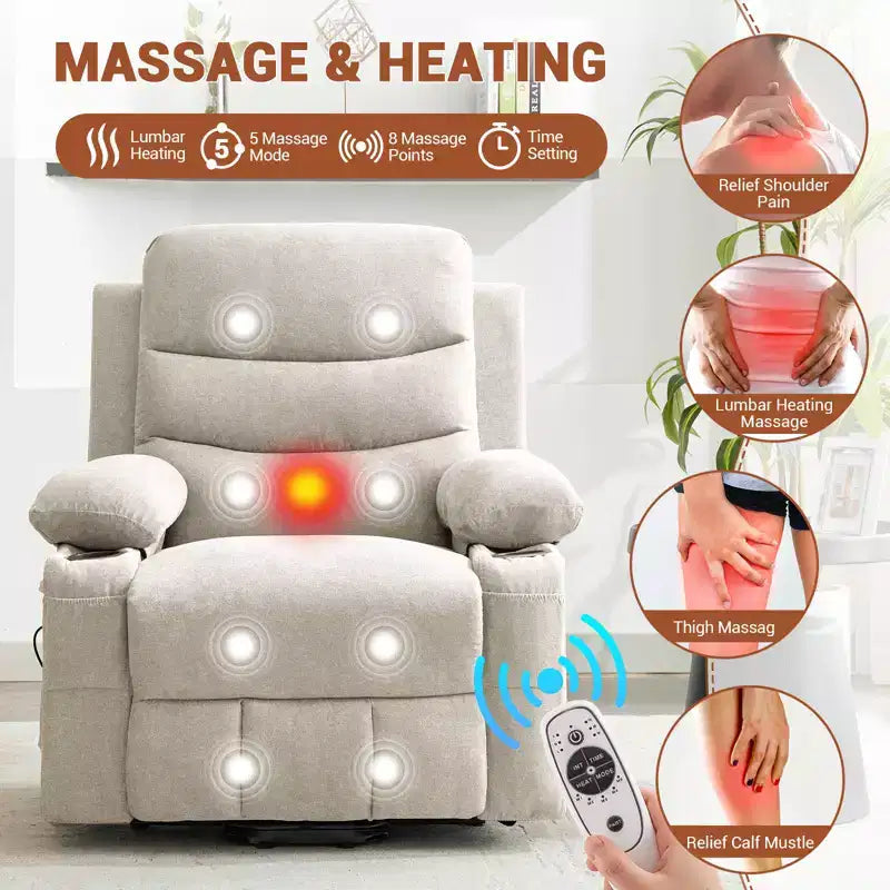 Lift Recliner Chair with Massage & Heat, Oversized Power Recliners, Home Theater Seat with 2 Cup Holders Side, Glider Reclining Single Sofa Chair