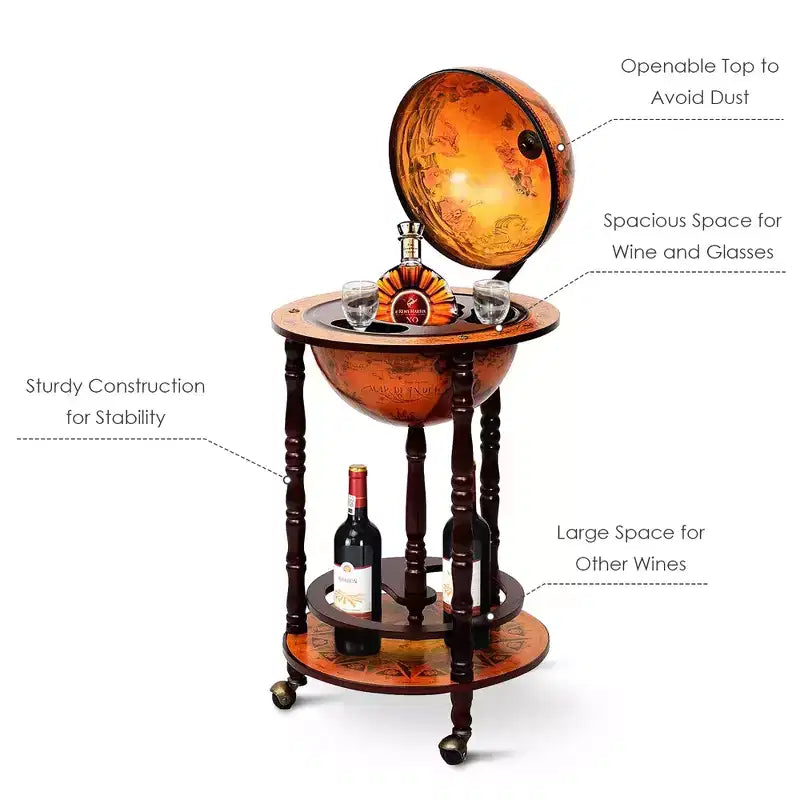 Costway 17.5 Wood Globe Wine Bar Stand 16th Century Italian Rack Liquor Bottle Shelf