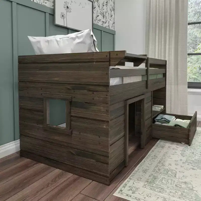 Max & Lily Modern Farmhouse Low Loft Bed with Storage Drawer, Solid Wood Bed for Kids