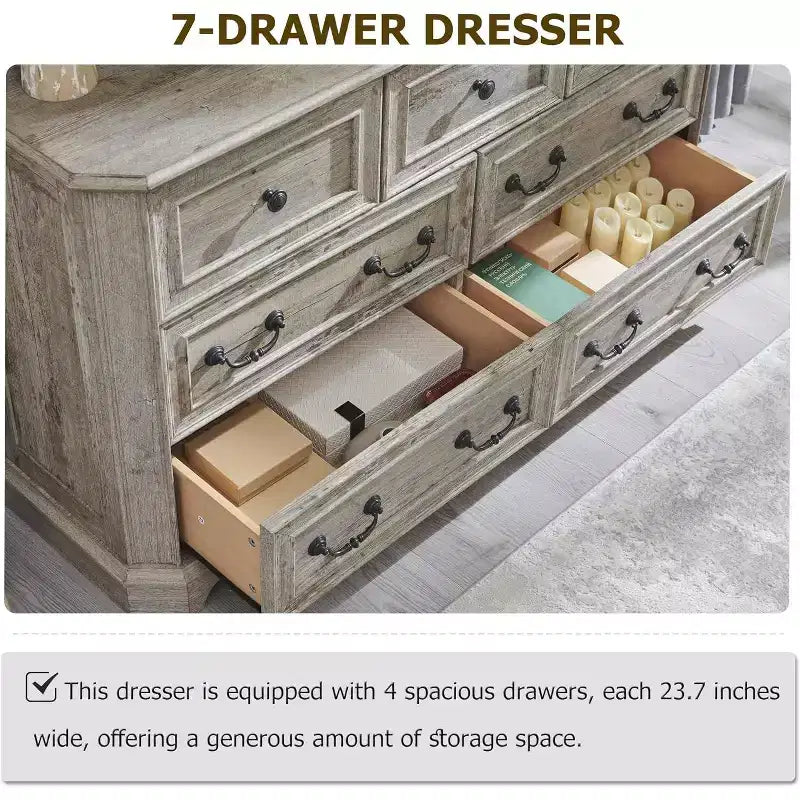 54 7-Drawer Dresser for Bedroom, Vintage Rustic Wide Chest of Drawers for Living Room & Hallway