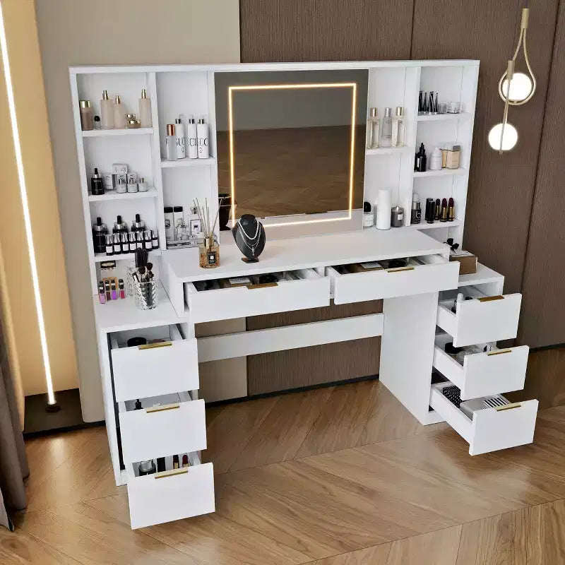 Coiffeuse de 59 pouces avec miroir lumineux, 8 tiroirs, étagères ouvertes pour chambre de fille, éclairage réglable, design peu encombrant