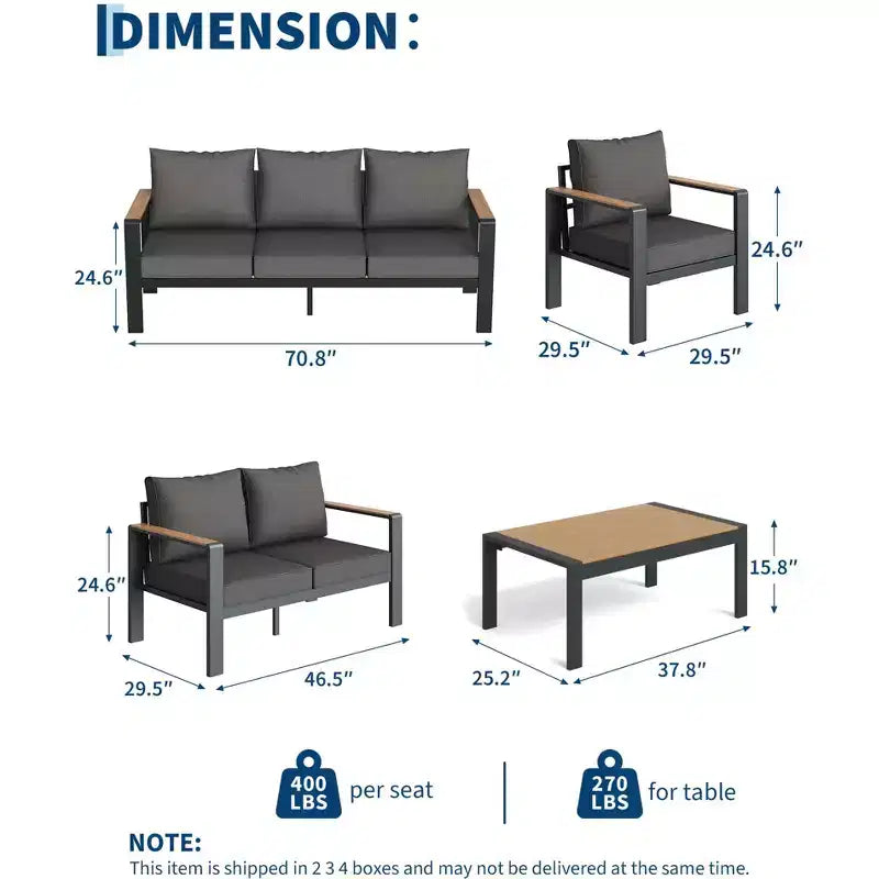Aluminum Patio Furniture Set, Outdoor Sectional Sofa with 5 Thick Cushions, 4 Armrests & Coffee Table for Garden, Deck, Backyard