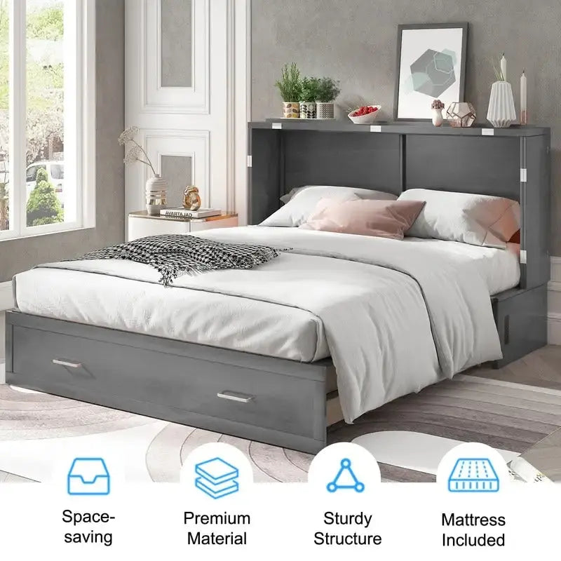 Mixoy Murphy Bed Cabinet Bed Chest with Mattress & Drawer