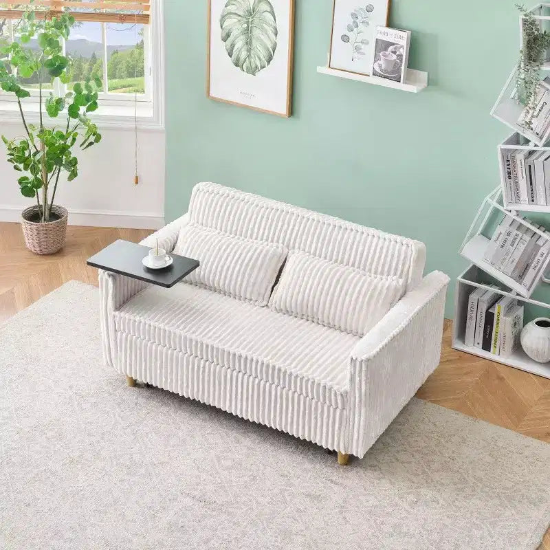 TUYOHW Space-Saving Convertible Sofa,Corduroy Sofa Bed with Movable Tabletop & USB Port,Multi-Functional Loveseat for Living Room