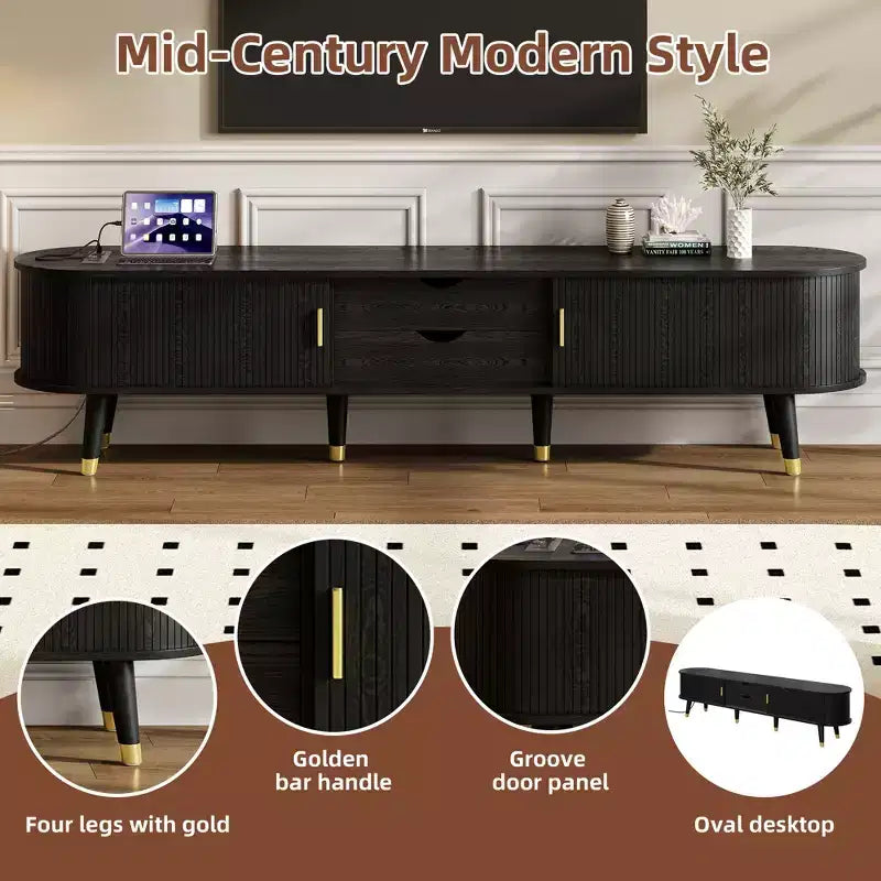 CLIHOME Wooden Farmhouse TV Stand & Coffee Table Set with Charging Station, Oval Fluted Media Console for TVs up to 80