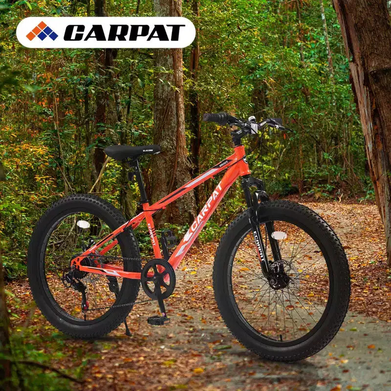 Okak 24IN Fat Tire Bike with Front Suspension, 7-Speed Mountain Bike with Disc Brake and High-Carbon Steel Frame, Trail Bike for Commuting