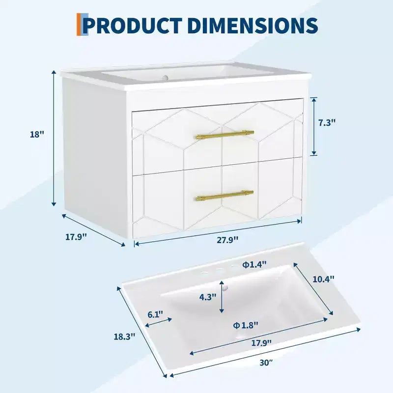 Modern Floating Bathroom Vanity Set with Basin - Wall-Mounted Cabinet with Soft-Close Storage Drawer and Gold Handle, 24 or 30 Size
