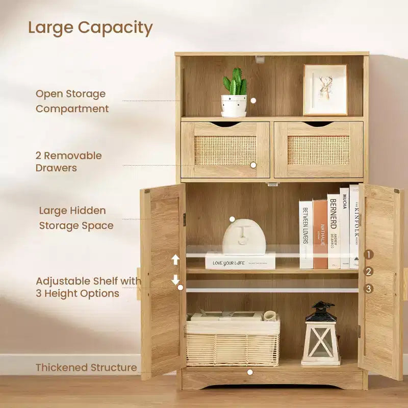 Meuble de rangement en rotin avec 2 tiroirs et étagères réglables pour cuisine/maison