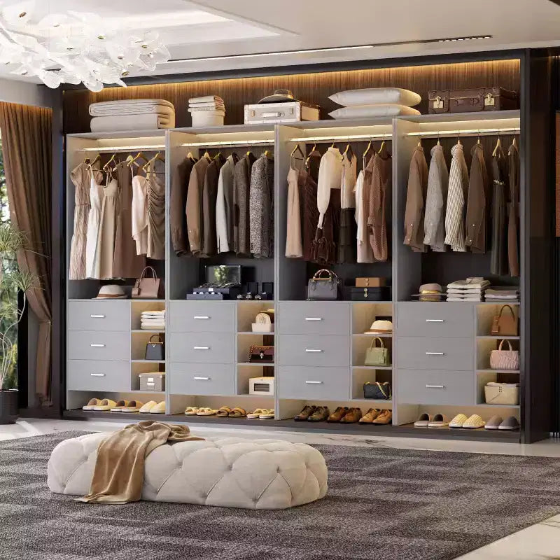 Besiost Set of 4 Closet Organizer with Wooden Drawers and Hanging Rods