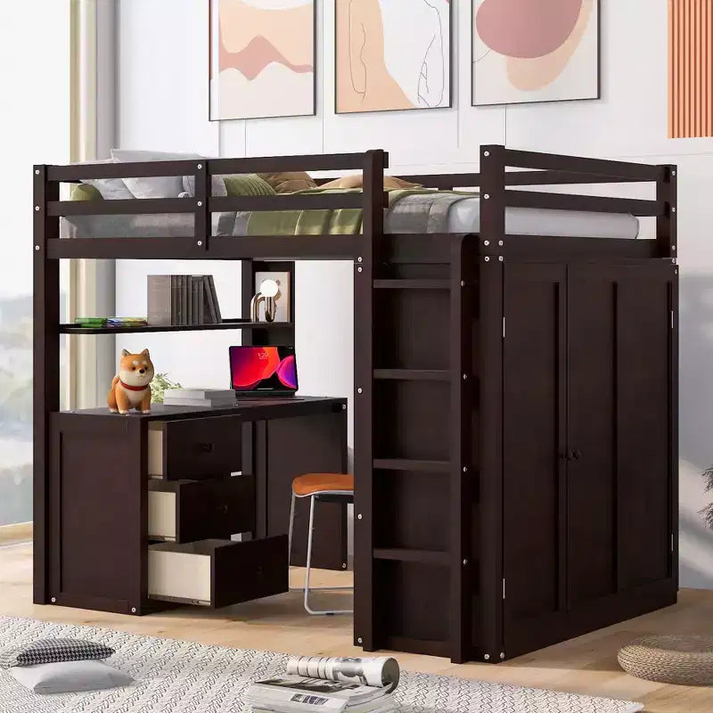 CLIHOME Full size Loft Bed with 3 Storage Drawers, Desk and Wardrobe