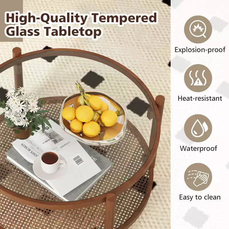 31 Round Coffee Table with Tempered Glass Top & Rattan Shelf
