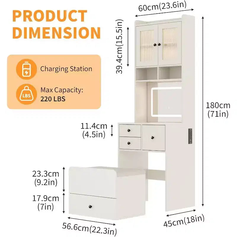 3-in-1 Makeup Vanity Desk with Lighted Mirror, Compact Vanity Table with Drawers, Storage Compartment & Rolling Stool for Bedroom