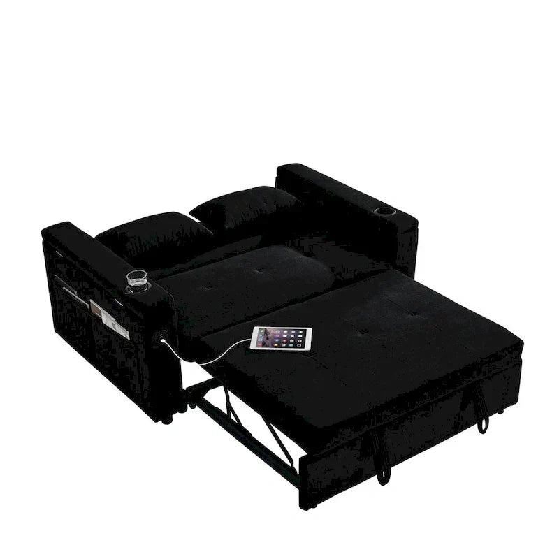54 Pull-Out Sleeper Sofa Bed, 2 Seat Recliner Sofa Bed with Storage, Lumbar Pillow, USB Power Outlet