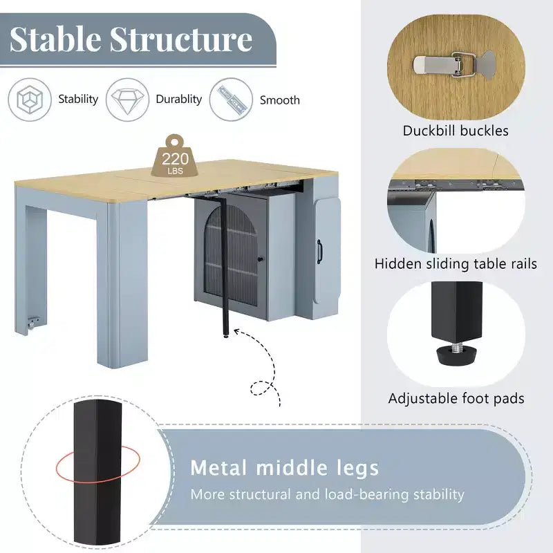 Whisen Extendable Dining Table, Mobile Rolling Island Table with 3 Removable Middle Leaves, Storage Cabinet