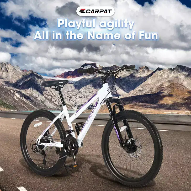 Okak 24/26IN Mountain Bike with 21 Speeds and Dual Disc Brakes, Kids Bike with 100mm Front Suspension, Dirt Bike for Teenagers and Women