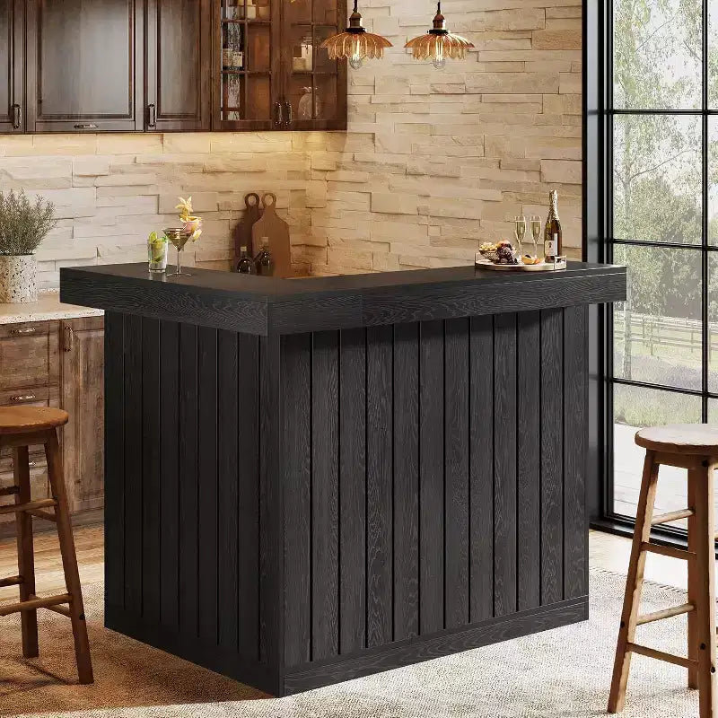 Lantine L-Shaped Home Bar Unit, 4-Tier Corner Liquor Bar Table with Storage Shelves and Wine Glasses Holder for Home Pub