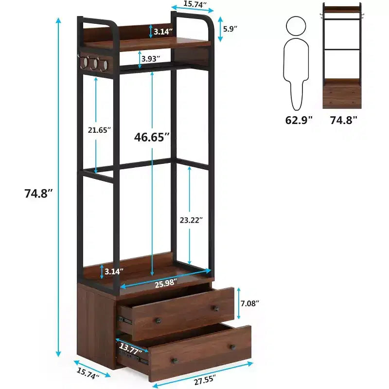Lantine Freestanding Closet Organizer, Small Clothes Rack with Drawers and Shelves, Heavy Duty Garment Rack for Hallway, Entryway, Bedroom