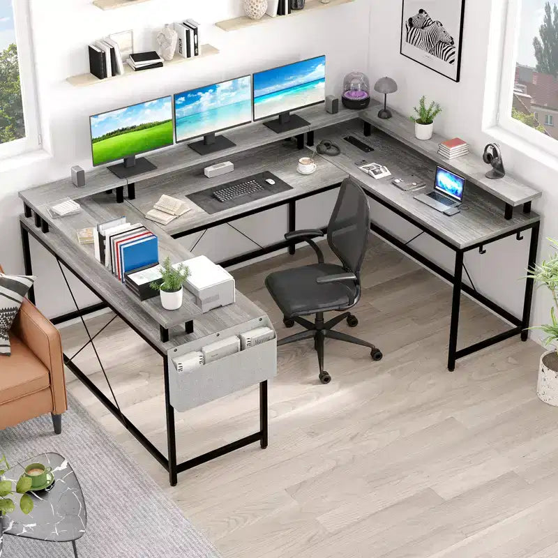 COZONY 78 U/L Shaped Gaming Desk, Reversible Computer Desk with Power Outlets, LED Lights, Monitor Stand & Storage Shelf, Corner Desk for Home Office