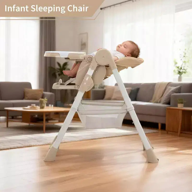 Foldable High Chair for Babies&Toddlers,PU Leather Highchair with Adjustable Backrest,Seat Height,Removable Tray,5-Point Safety Harness&Locking Wheels