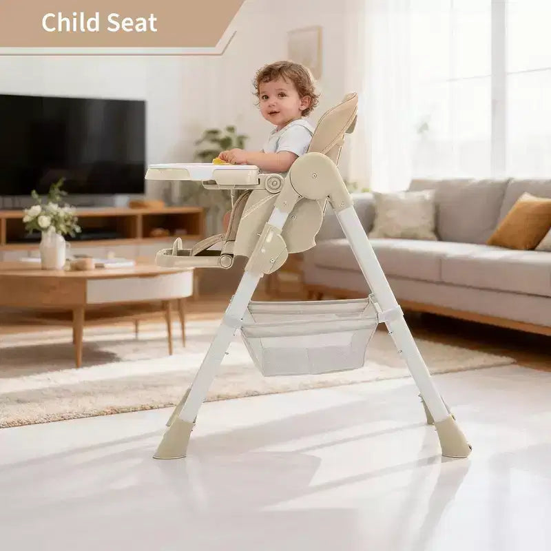 Foldable High Chair for Babies&Toddlers,PU Leather Highchair with Adjustable Backrest,Seat Height,Removable Tray,5-Point Safety Harness&Locking Wheels