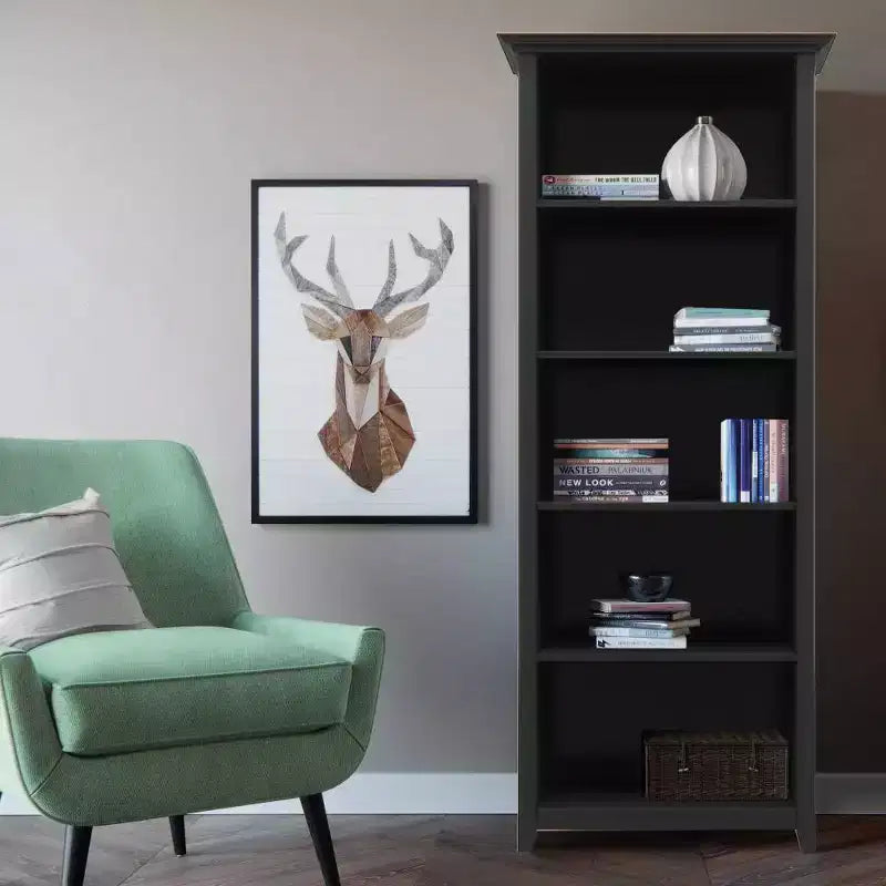 70 Five-Shelf Solid Wood Bookcase - Lacquered Pine, 4 Adjustable Shelves
