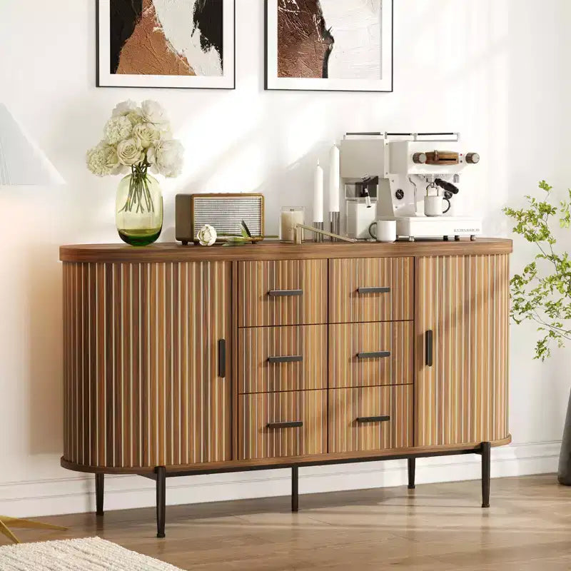 59in Farmhouse Fluted Sideboard Buffet Cabinet, Media TV Console Table with 6 Drawers & 2 Sliding Doors, Versatile Storage Cabinet for Living Room
