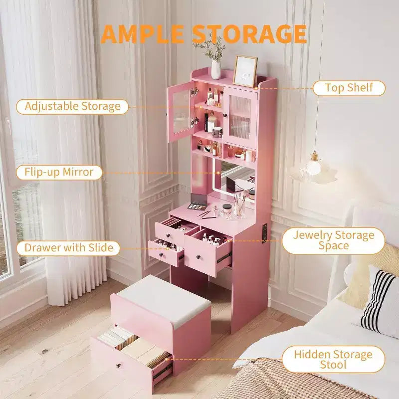 3-in-1 Makeup Vanity Desk with Lighted Mirror, Compact Vanity Table with Drawers, Storage Compartment & Rolling Stool for Bedroom