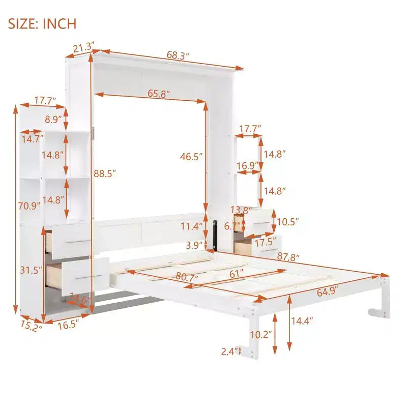 Luxystar Queen Murphy Bed with Storage Shelves, 4 Drawers and Lights