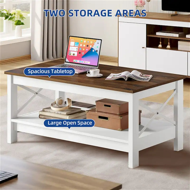 Farmhouse Wood Accent Coffee Table with Large Storage Shelf
