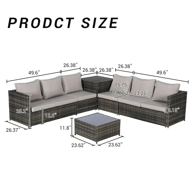 6-Piece Wicker Sectional Sofa Set with Corner & Glass Table