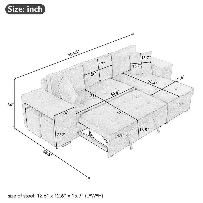 104.5 Reversible L-Shape Sleeper Sectional with Storage Chaise & 2 Stools - Convertible 3-Seat Sofa Bed for Living Room