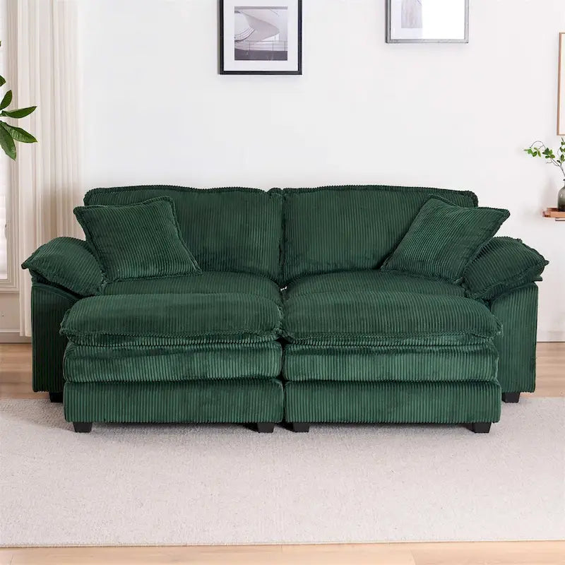 Canapé 2 places moderne en velours côtelé avec 4 coussins de soutien et 2 poufs